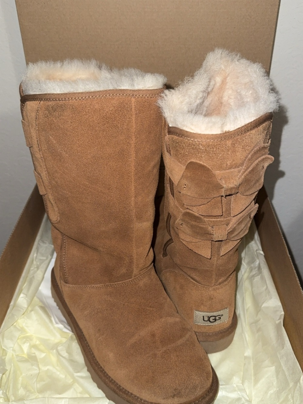 UGG Tan Suede Shearling Mid-Calf Boots with Back Bow Detail